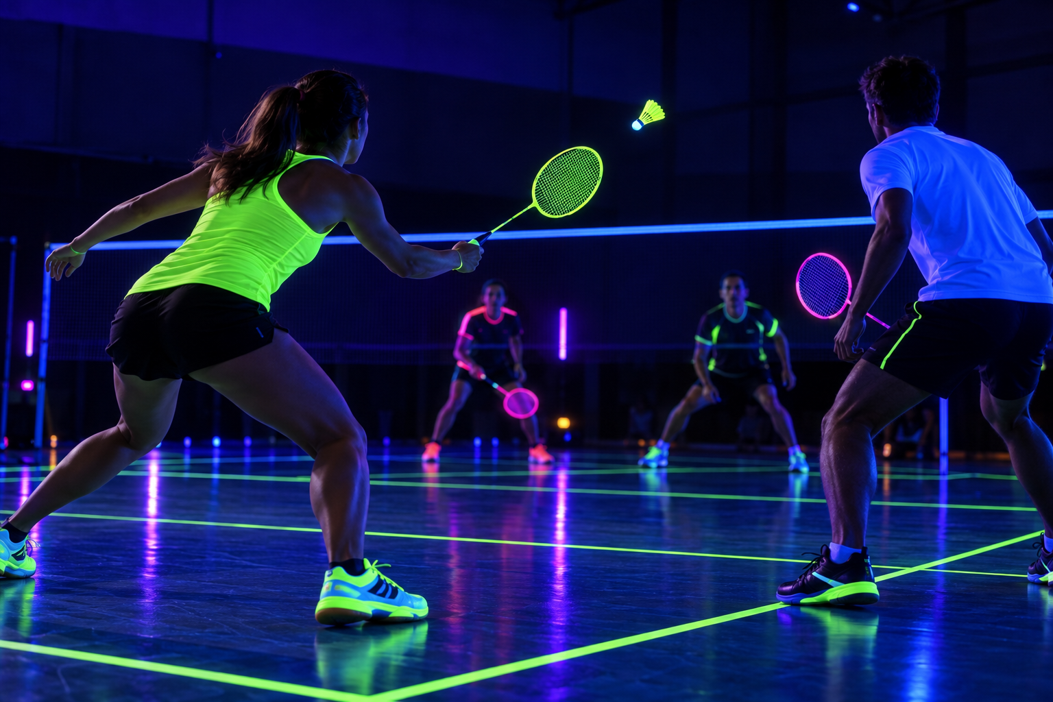 Animation Badminton fluo sous lumière noire