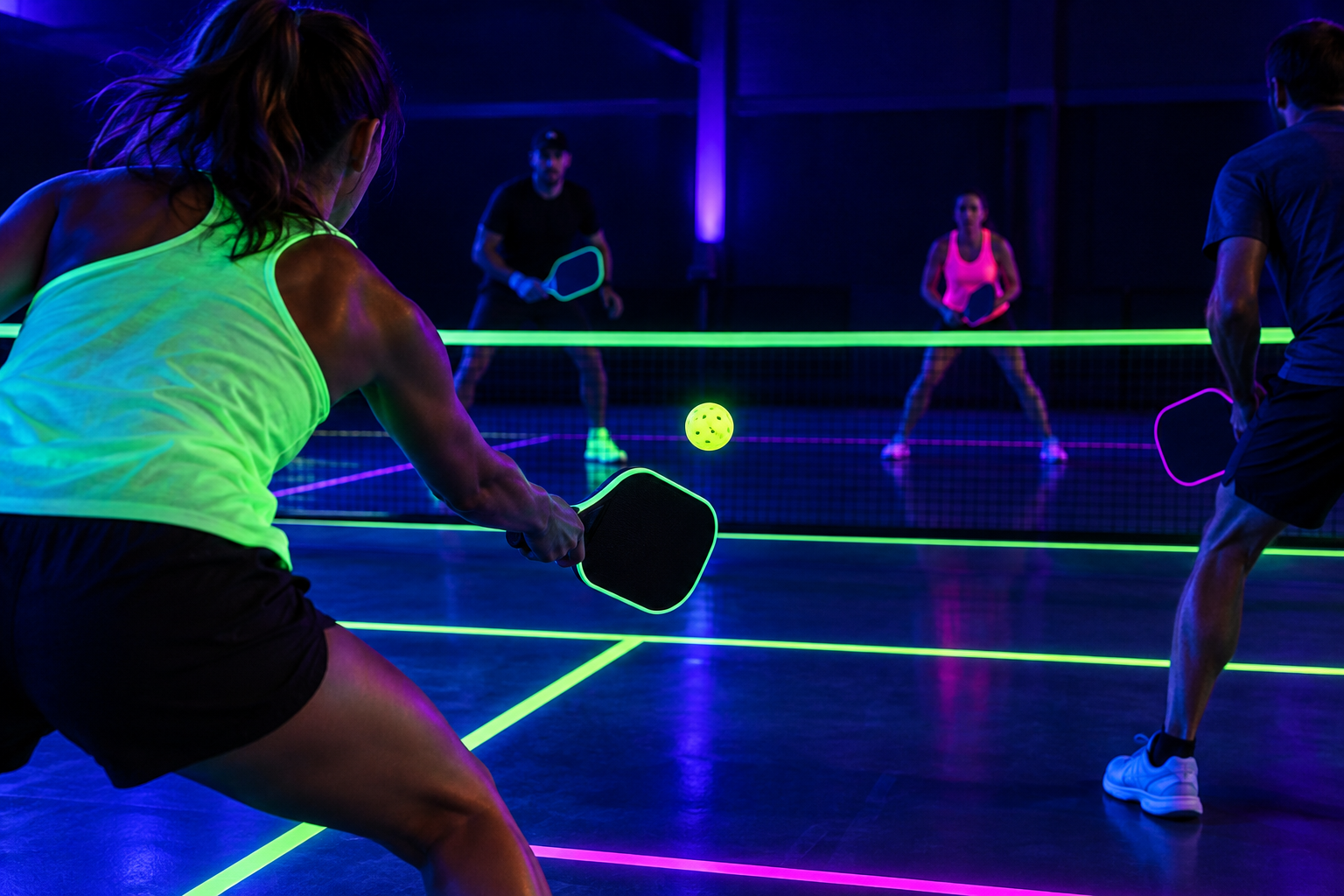 Animation Pickleball fluo sous lumière noire