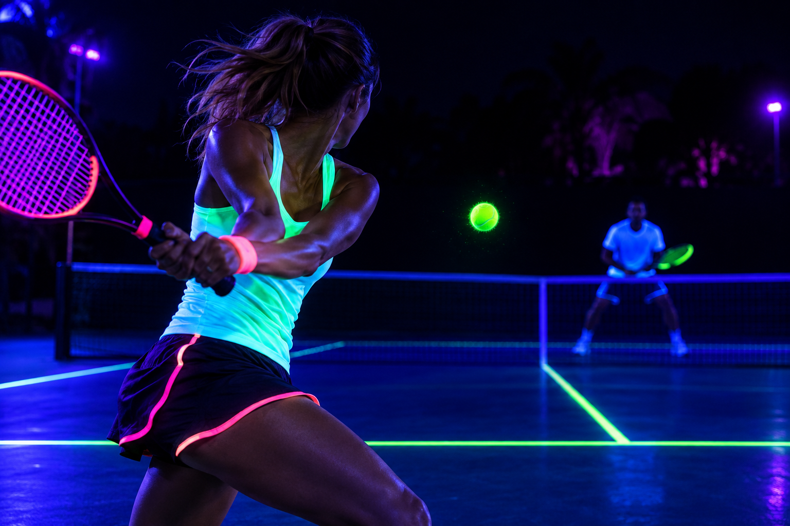 Animation Tennis fluo sous lumière noire